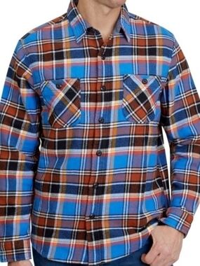 Lands' End Rugged Soft Brush Flannel Blue and Brown Plaid Shirt Size L